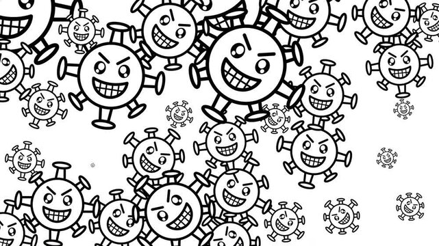 Many black outline microbes showing expressions from happy to stern fill a bright setting symbolizing the widespread global health issues and the pervasive spread of contagion affecting people and soc
