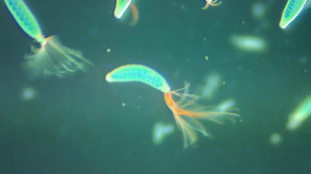 Macro top view of glowing plankton in soft-focus, abstract video with vivid neon hues. Live desktop wallpaper.