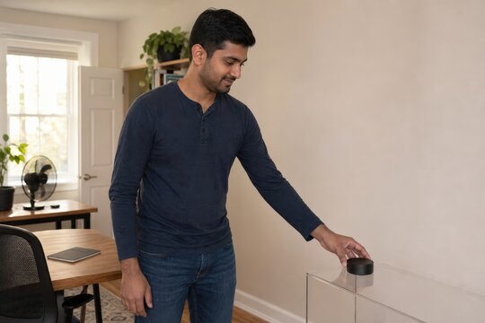 Home Radon Testing Homeowner Setting Long Term Monitor in Office
