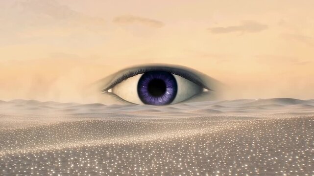 Large purple eye emerges from sandy landscape, surrounded by shimmering light reflections, creating a surreal and dreamlike atmosphere in a vast desert setting