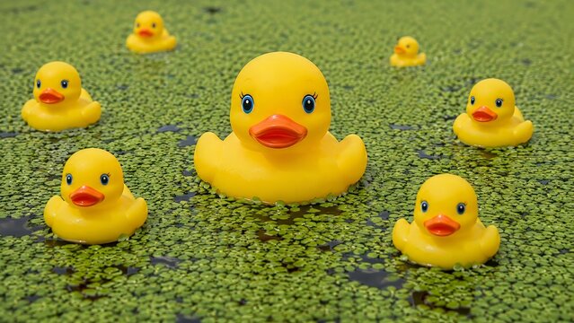 Duckweed surrounds a large yellow rubber duck and smaller companions in a pond, creating a playful family concept linked with freshwater habitat, aquatic vegetation, sustainability, and water care.