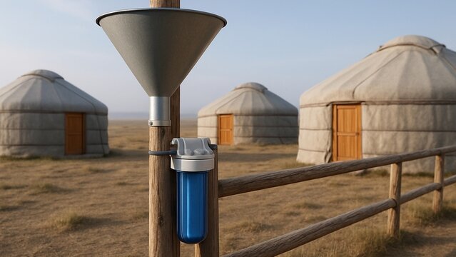 Water filtration system with blue filter attached to wooden post, nomadic yurt village in dry grassland, sustainable technology for remote living