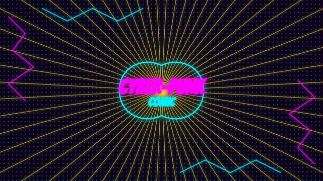 Cyberpunk comic book digital animation motion background featuring vibrant neon text set against glowing radial yellow lines and dark patterns