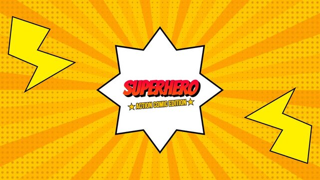 Superhero action comic edition logo display featuring bright yellow radial sunburst background and sharp lightning bolt animated motion graphic video