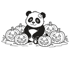 Cute panda with halloween pumpkins coloring page outline illustration. © ArifulIslam