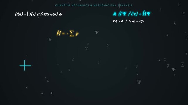 Mathematical quantum physics formulas written on dark chalkboard background in this educational science motion video animation for modern academic presentation