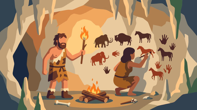 Cavemen gather around a campfire inside a prehistoric cavern while painting animals on the rocky walls.