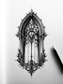 Detailed pencil sketch drawing of an ornate gothic pointed window with elaborate tracery patterns and leaf decorations, realistic architectural illustration on paper with a pen lying beside