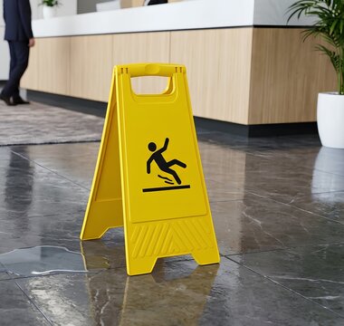 Yellow wet floor caution sign standing on a shiny office lobby