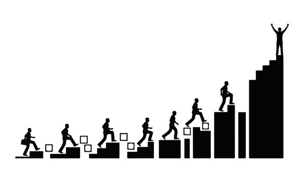 Career progression vector icon, business growth steps silhouette showing businessmen climbing stairs toward victory and success leadership concept