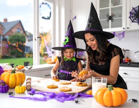 Happy mother and daughter wearing witch hats baking Halloween cookies together in kitchen.