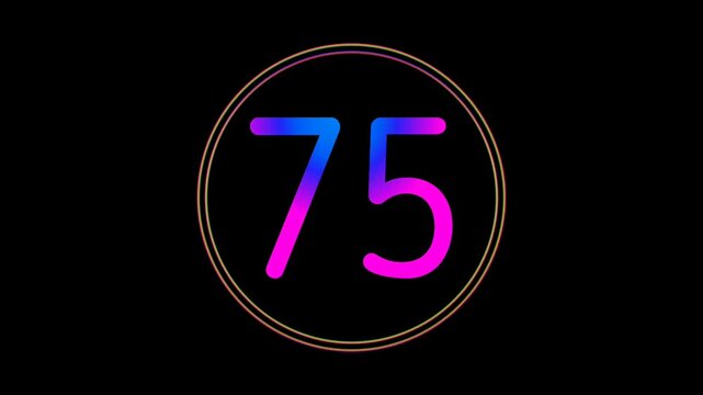 Neon Number 75 Animation Glowing flicking Gradient Blue Pink Digital Futuristic LED Numeric Loop Abstract Tech in Circle Light Motion Graphics Modern Minimal black background