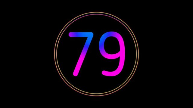 Neon Number 79 Animation Glowing flicking Gradient Blue Pink Digital Futuristic LED Numeric Loop Abstract Tech in Circle Light Motion Graphics Modern Minimal black background