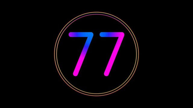 Neon Number 77 Animation Glowing flicking Gradient Blue Pink Digital Futuristic LED Numeric Loop Abstract Tech in Circle Light Motion Graphics Modern Minimal black background