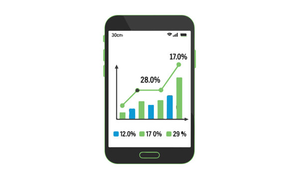 Smartphone display with growth chart vector icon, mobile analytics dashboard showing bar graph and percentage metrics for business performance and finance tracking