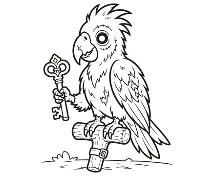 Cute cartoon parrot holding an antique key line art illustration.