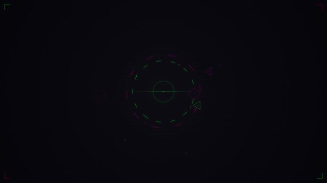 Abstract looping animation with geometric shapes and dashed circles on a dark background