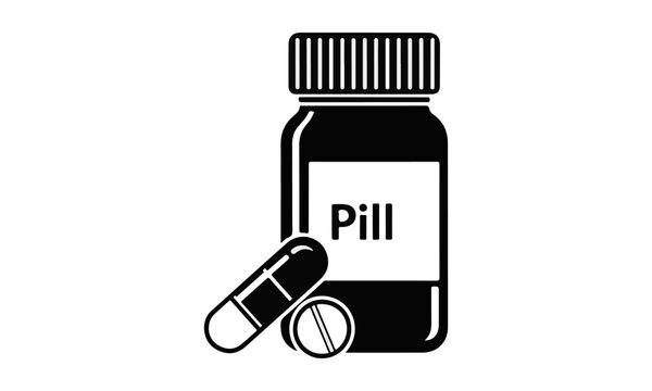 Pharmacy medicine bottle with pills and capsules vector icon, healthcare prescription bottle graphic symbol for pharmaceutical product, medical clinic, and treatment
