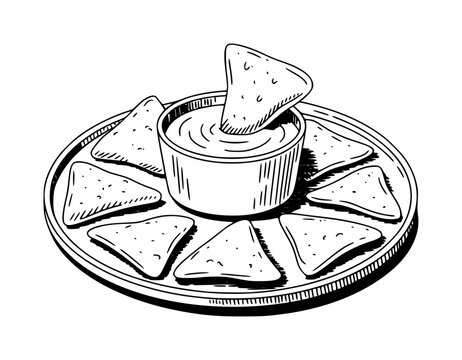 Hand-drawn of a plate of crispy tortilla chips served with a bowl of delicious cheese dip sauce
