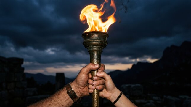 Hands Holding Lit Torch Against Dark Background