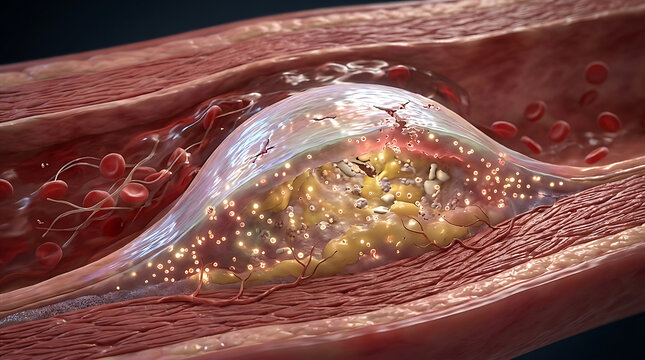 Detailed depiction of a blood vessel with atherosclerotic plaque buildup and immune response in human arteries