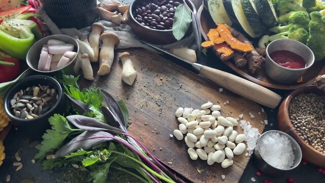 Healthy food. Fresh vegetables, fruits, beans and nuts. Food cooking on a dark background. Top view. 