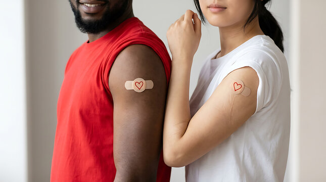Women and men displaying heart-shaped bandages on their arms symbolizing health and care in a close-up portrait
