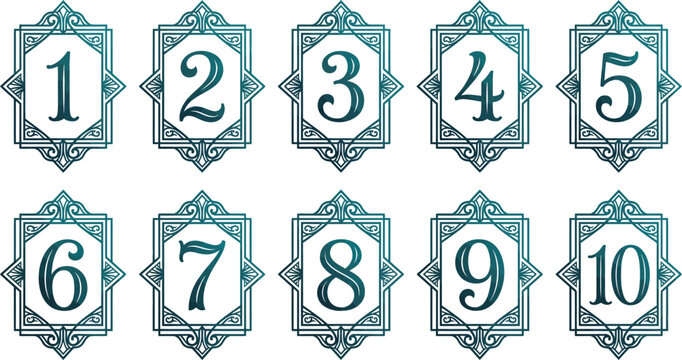 Decorative numbers one to ten in ornate frames with a teal and white color scheme, arranged in two rows.