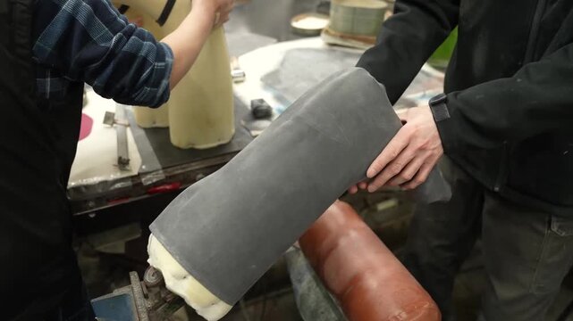 Worker wrapping a large grey rubber sheet around a boot last to form the shaft of a rubber boot