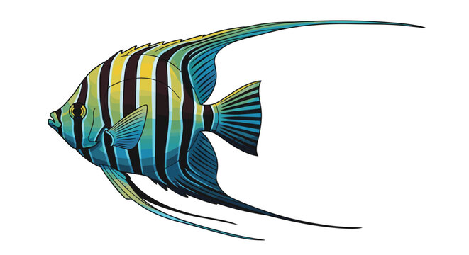 Beautifully colored angelfish with bright blue and yellow stripes and long flowing fins swimming in a detailed vector illustration.