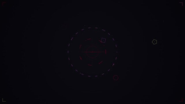 Abstract loop animation with red dashed circle and geometric shapes on dark background