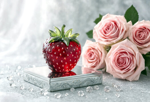 Decorative shiny red strawberry figurine on a small metal box with pink roses and crystal accents elegantly arranged
