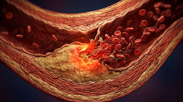 Highly detailed cross-section of a blood vessel illustrating plaque buildup and blood flow obstruction in cardiovascular health