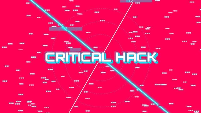 Critical hack text animation with vibrant red background featuring scanning blue radar lines and rapidly floating binary code data motion