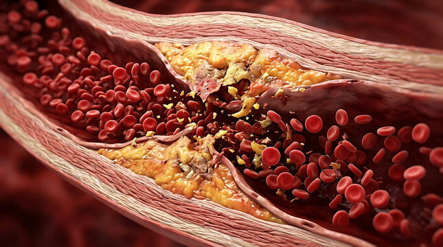 Detailed close-up of arterial blockage with cholesterol buildup and blood cells illustrating cardiovascular disease risk factors