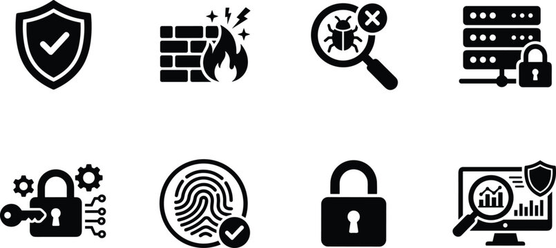 Cyber Security and Data Protection Vector Icon Set Featuring Firewall Antivirus and Biometric Authentication