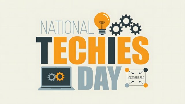 National Techies Day October 3 educational technology artwork showcasing computer graphics gears coding symbols and lightbulb representing innovation and technical expertise