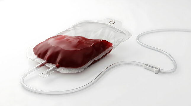 Blood donation kit with a blood bag filled with dark red blood and attached tubing on a clean white background