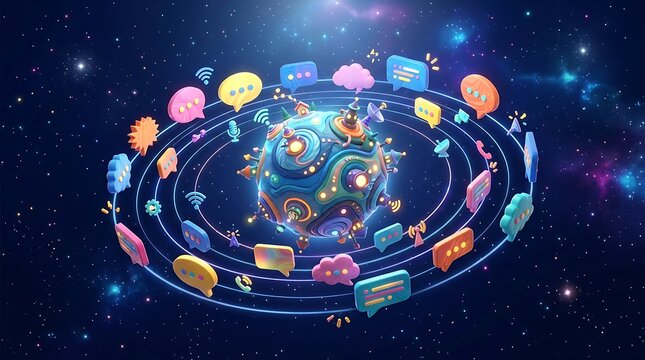 A conceptual illustration of a digital planet surrounded by orbiting colorful speech bubbles representing global communication and social media connectivity
