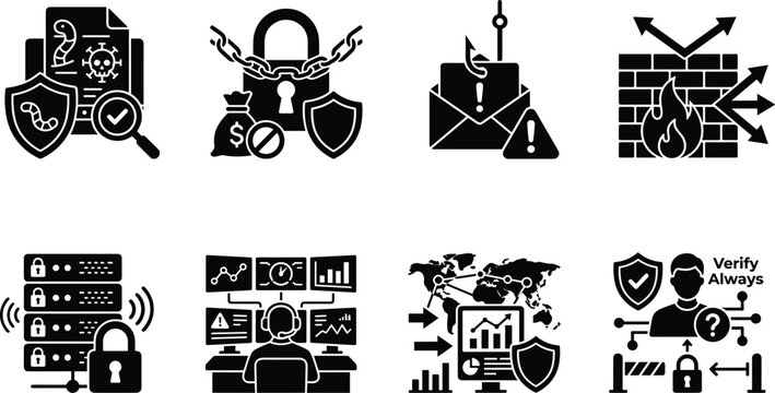 Cybersecurity Threats and Network Safety Vector Icon Set Featuring Ransomware Phishing Firewall SOC Zero Trust