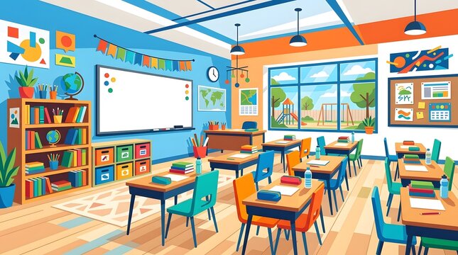 Colorful elementary school classroom interior vector illustration
