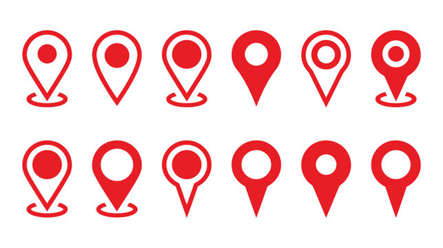 Set of red map pins and location markers for navigation and travel interface design isolated on white background