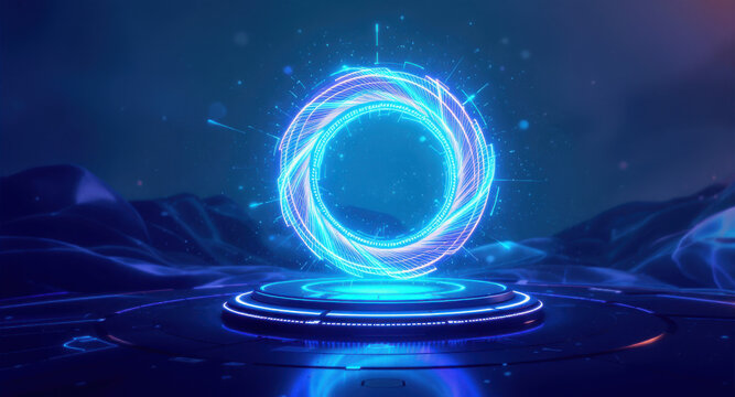 Glowing blue portal ring above futuristic podium in dark landscape
