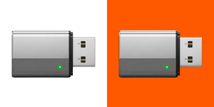 Small silver metallic USB flash drive with a glowing green status light png