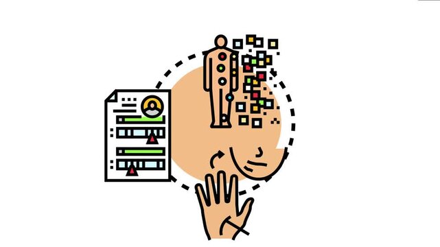 Human figure, personal document, and hand icons illustrate the complex process of understanding personal history, experience, and information relevant to an individual's profile