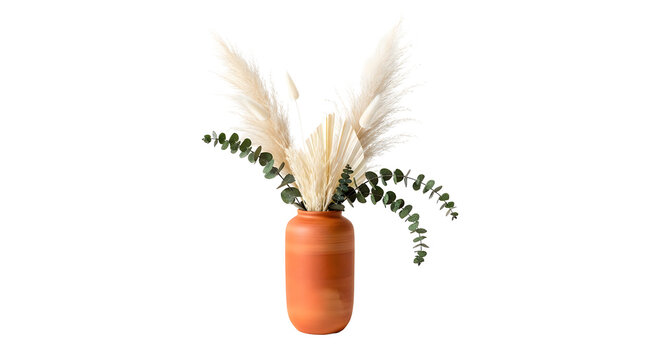 Decorative terracotta vase with pampas grass and eucalyptus leaves for home interior design