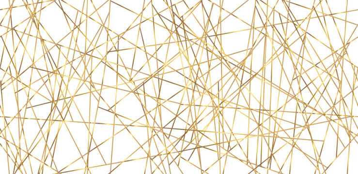 Seamless pattern gold chaos geometric with chaotic line art. Messy random luxury texture, irregular abstract background of straight lines, bold stripes. Contemporary chic interior wallpaper pattern.