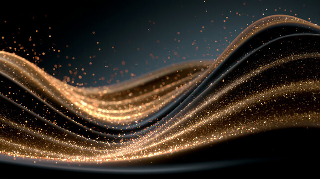 a smooth flowing wave of golden light particles moving through darkness representing elegant motion energy and futuristic digital technology background