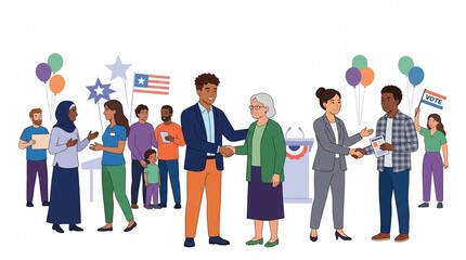 Obraz premium Diverse political candidates shaking hands with voters at a community campaign rally event.