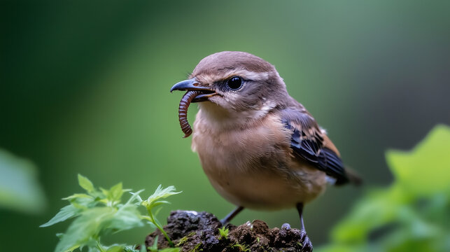 Ai small bird stands on a branch with a worm in its beak. The background features blurred green foliage. The scene captures the bird in a moment of activity.